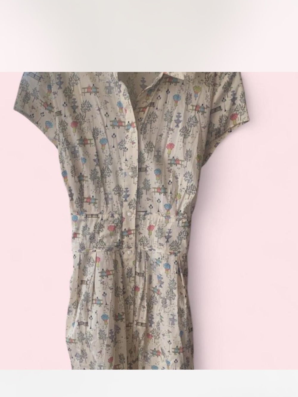 Savile Row Company Printed Beige Short-Sleeve Shirt Dress with Pastel Motif
